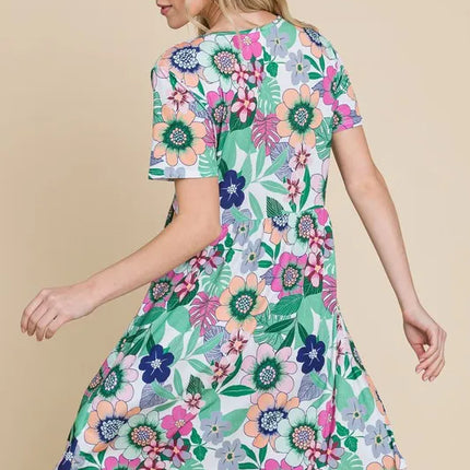 BOMBOM Ruched Floral V-Neck Short Sleeve Dress - Image 4