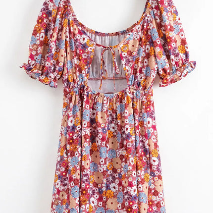 Floral Puff Sleeve Square Neck Knot Open Back Mini Dress - Image 7