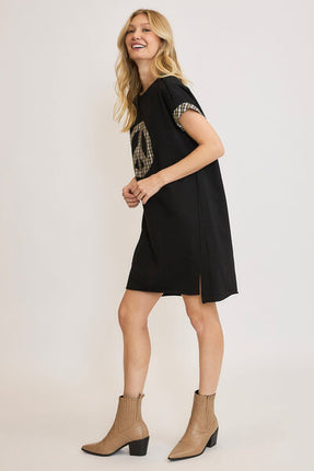 Umgee Peace Plaid Applique Short Sleeve Mini Dress - Image 3