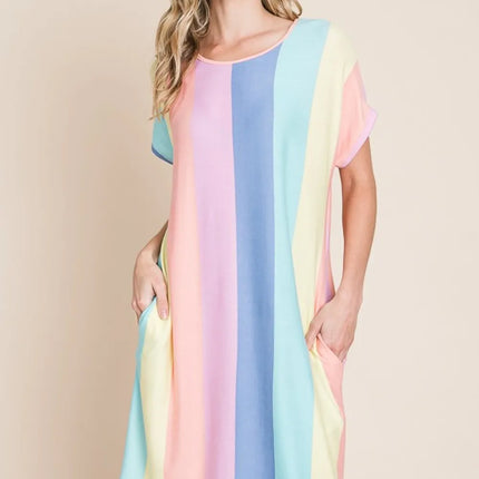 BOMBOM Striped Short Sleeve Dress with Pockets - Image 1