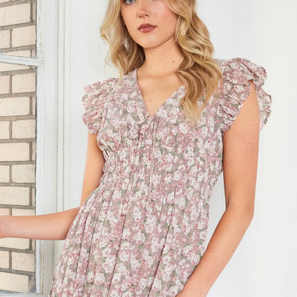 Mittoshop Flower Print Ruffle Cap Sleeve V-neck Midi Dress - Image 2