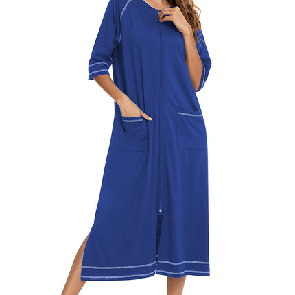 Zip Up Slit Round Neck Night Dress with Pockets - Image 17