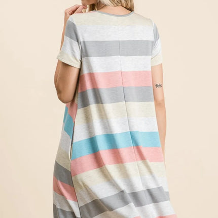 BOMBOM Striped Short Sleeve Dress with Pockets - Image 2