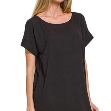 Zenana Rolled Short Sleeve Round Neck Dress - Image 2