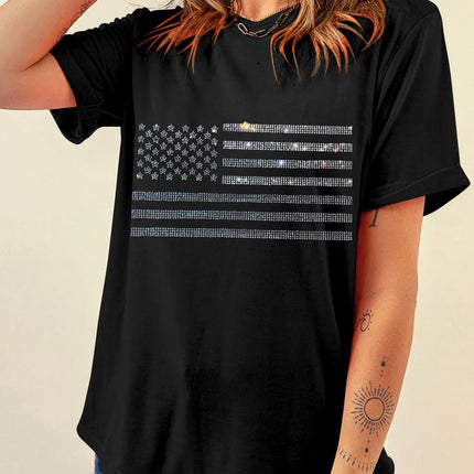 Rhinestone US Flag Round Neck Short Sleeve T-Shirt - Image 3