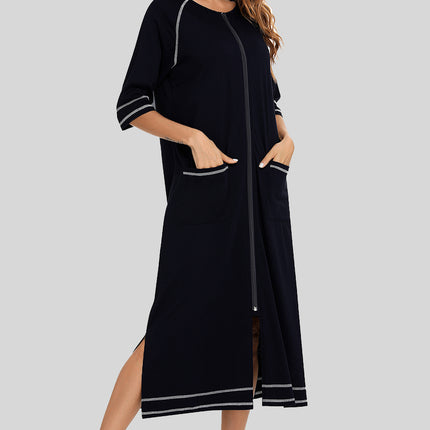 Zip Up Slit Round Neck Night Dress with Pockets - Image 25