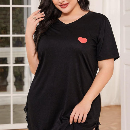 Plus Size Lace Trim V-Neck Short Sleeve Night Dress - Image 3