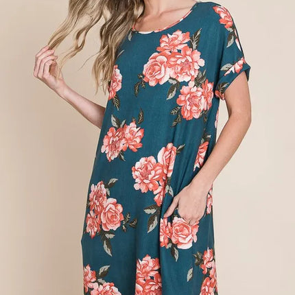 BOMBOM Floral Round Neck Short Tee Dress with Pockets - Image 3