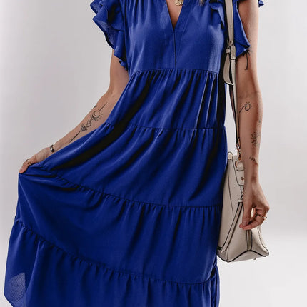 Ruffled Short Sleeve Collared V Neck Tiered Midi Dress - Image 2