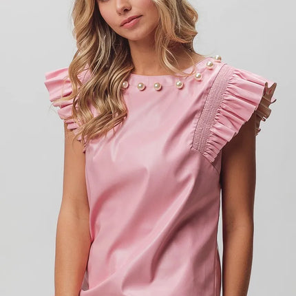 BiBi Leather Smocked Ruffled Top - Image 9