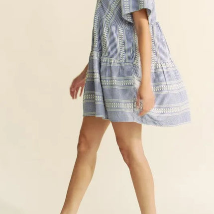 Davi & Dani Embroidered Stripe Ruffled Gingham Mini Dress - Image 9