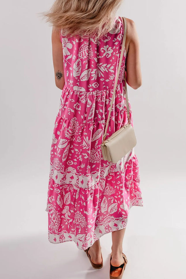Floral Sleeveless Tasseled Tie Neck Tiered Midi Dress