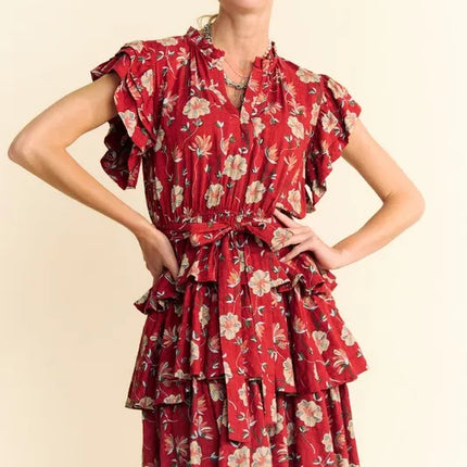 Davi & Dani Ruffle Flutter Sleeve Tie Belt Tiered Mini Dress - Image 3