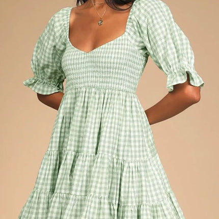 Ruffled Hem Plaid Half Sleeve Mini Dress - Image 5