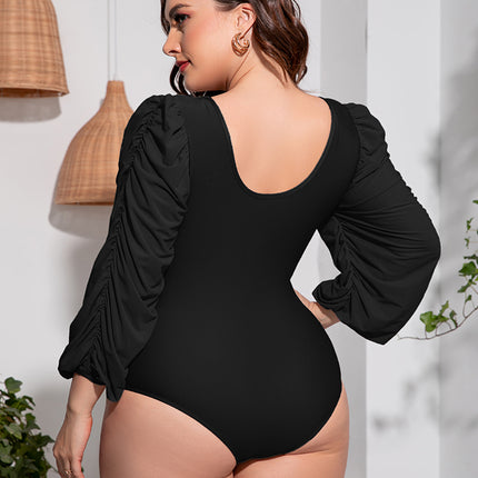 Plus Size Tied Deep V Balloon Sleeve One-Piece Swimsuit - Image 2