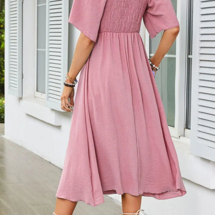 Smocked Tie Front Flutter Sleeve Midi Dress - Image 2