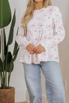 Printed Round Neck Long Sleeve Blouse - Image 5