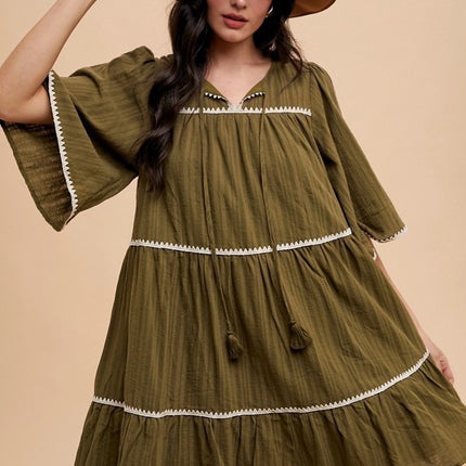 Annie Wear Tassel Contrast Trim Tie Neck Half Sleeve Tiered Dress - Image 5